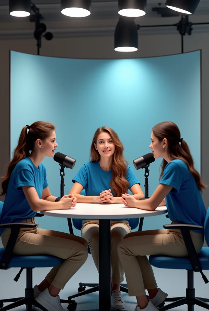 IMAGE OF THREE FEMALE STUDENTS IN BLUE T-SHIRTS AND BEIGE PANTS IN A PODCAST ABOUT SAFETY AND HEALTH AT WORK