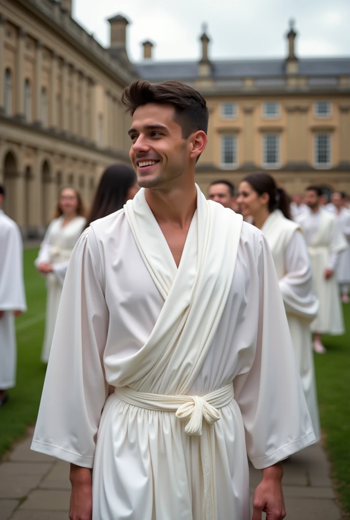 I want a picture of a boy in his adulthood with dark brown hair, wearing a toga. He is at a university graduating talking to other guys around.