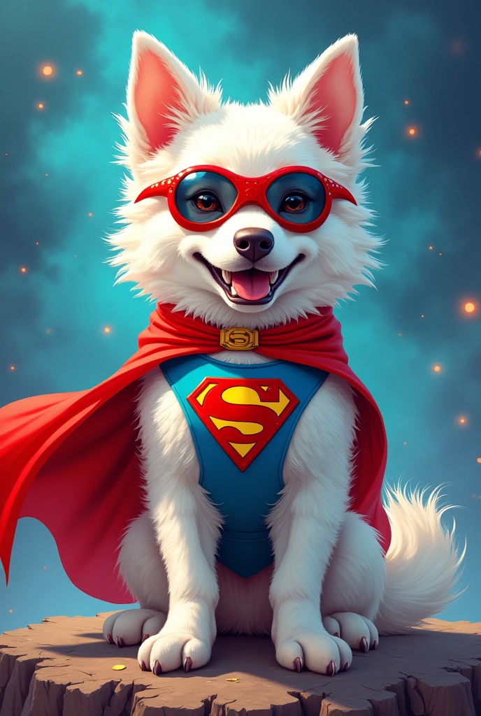 White Zwergspitz dog in superhero outfit 
