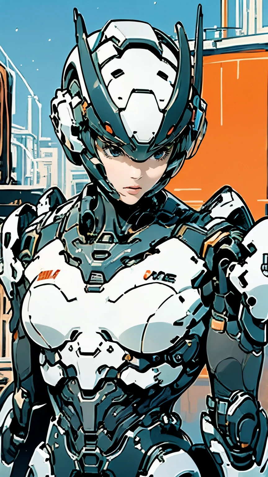Android Combat Suit、Upper Body、solo、Beautiful woman、Black Hair、Bobcut、Dynamic Model Poses、Carrying a sword、Moderate bust、scenery、The future will、rooftop、Mecha Warrior、Half helmet、masterpiece、Highest quality