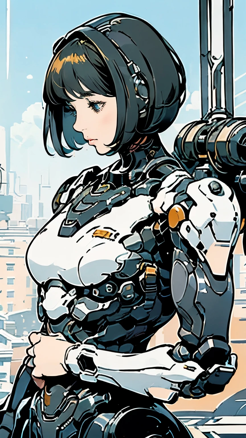 Android Combat Suit、Upper Body、solo、Beautiful woman、Black Hair、Bobcut、Dynamic Model Poses、Carrying a sword、Moderate bust、scenery、The future will、rooftop、Mecha Warrior、Half helmet、masterpiece、Highest quality