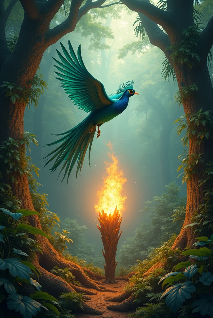 merge into a single image of a Pharomachrus mocinno flying, coat of arms of Guatemala, ceiba and the flag of Guatemala but in the center an animated torch