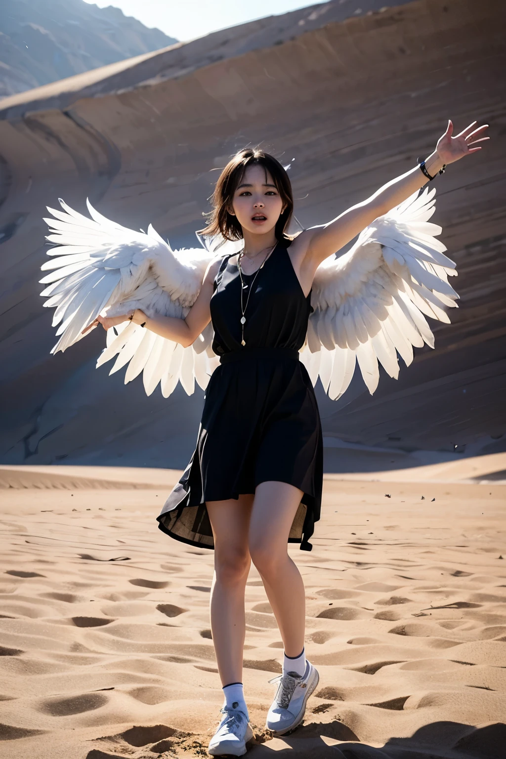 ((Highest quality)), ((masterpiece)), (detailed), The stage is set in the middle of the desert。In the infinite expanse without an audience、A white owl soars solitary in the sky。Its white wings cut through the sea of sand、Drawing invisible ripples。There is nothing on the stage、But the story continues。A blue owl carries its voice on the wind、Deliver to an invisible audience。The silence of the desert and the emptiness of the stage、And the freedom of the red owl becomes one、A silent poem is born
#Place the owl large