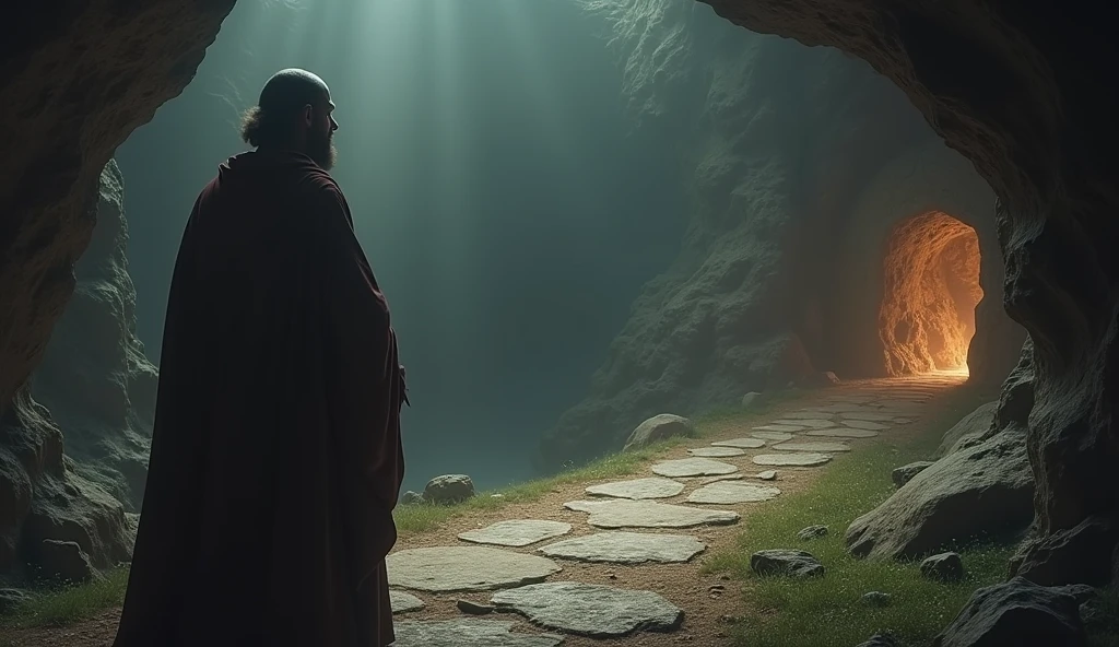 Create a hyper-realistic and mysterious image of Solomon standing at a symbolic crossroads, where a path leads to a cave full of shining treasures, while the other way, darker, leads to a simple stone altar with a book of wisdom resting on it. Solomon is focused on the path that leads to the book, with an expression of determination and serenity. The setting must be enigmatic, with soft lights that illuminate both paths, but with an emphasis on the simplicity of the altar, suggesting that the true path to prosperity lies in wisdom and not in material wealth.