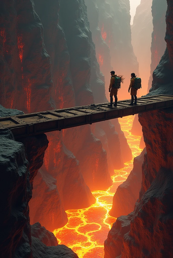 A dark cave with a huge cliff with a river of lava and a long, rusty iron bridge connecting the cave exit and the other part of the cave.. And there are also two scientists, a young man and a woman with loose hair, about to cross the bridge.. And everyone has special clothes for scientific expeditions. The woman in the middle of the bridge and the man at the end of the bridge