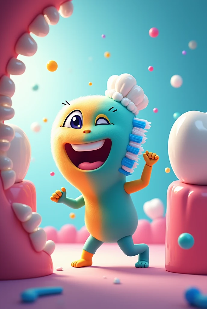 a toothbrush , colorfully, happy, dancing between the teeth and brushing them