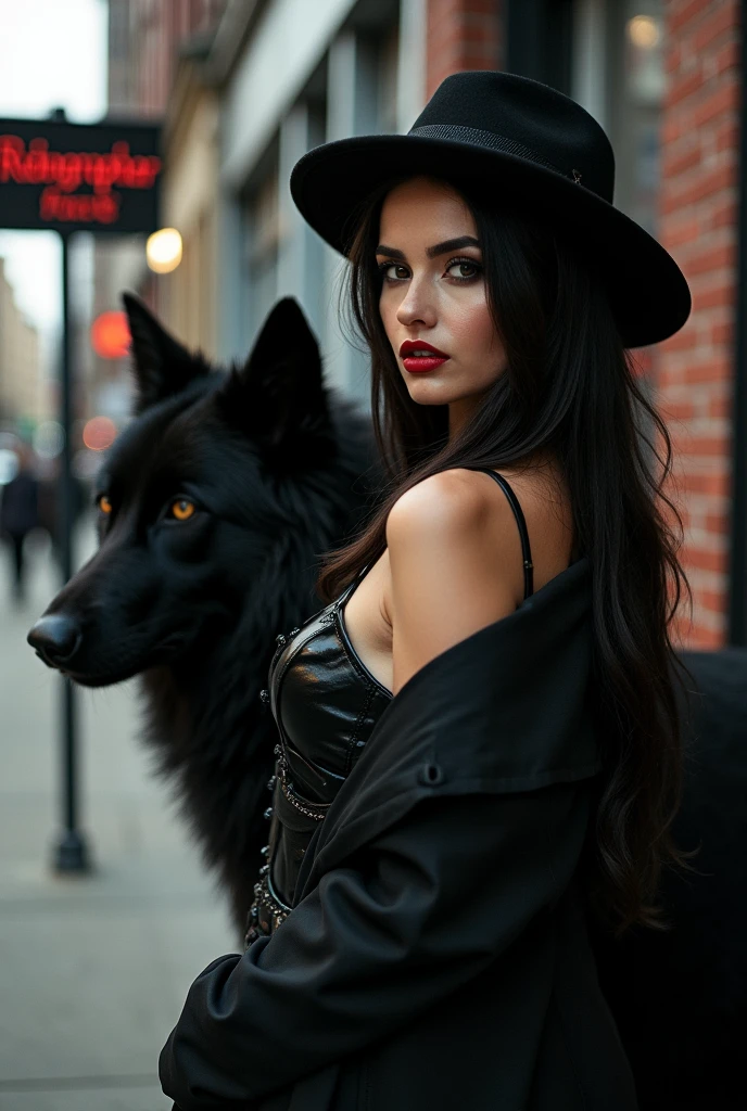 Photo shoot of a beautiful, sexy, hot woman with a vampire concept wearing a city hat sitting while drinking and accompanied by a big black wolf. And there is a signboard ridwangrapher