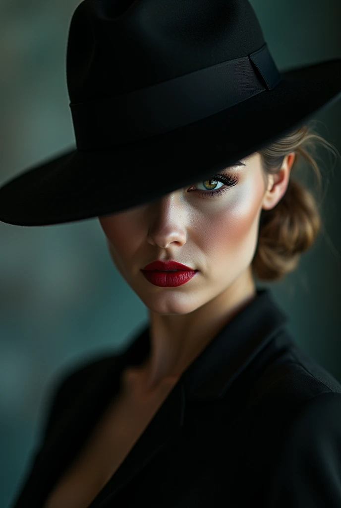 A mysterious face photo of a femme fatale in a hat for a book cover 