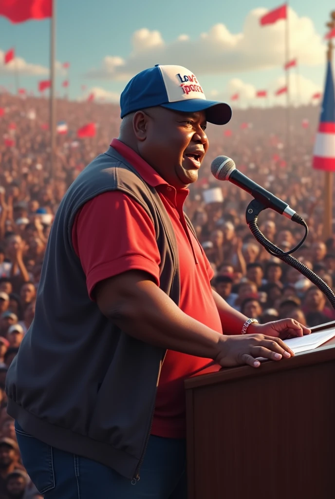 Very fat and black candidate,
wearing a written cap: I love Iporá Making speeches for many oxen