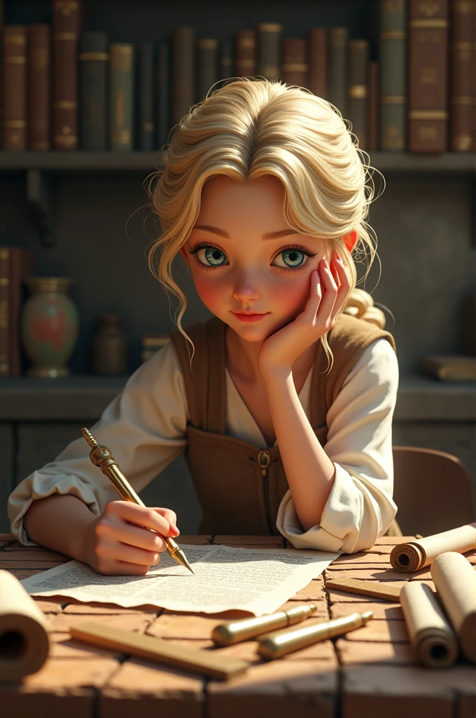 She is a blonde girl, Blue Eye Color, trying to understand the relationship between geometry and algebra in ancient times. I want to discover how the ancient mathematicians created and solved problems