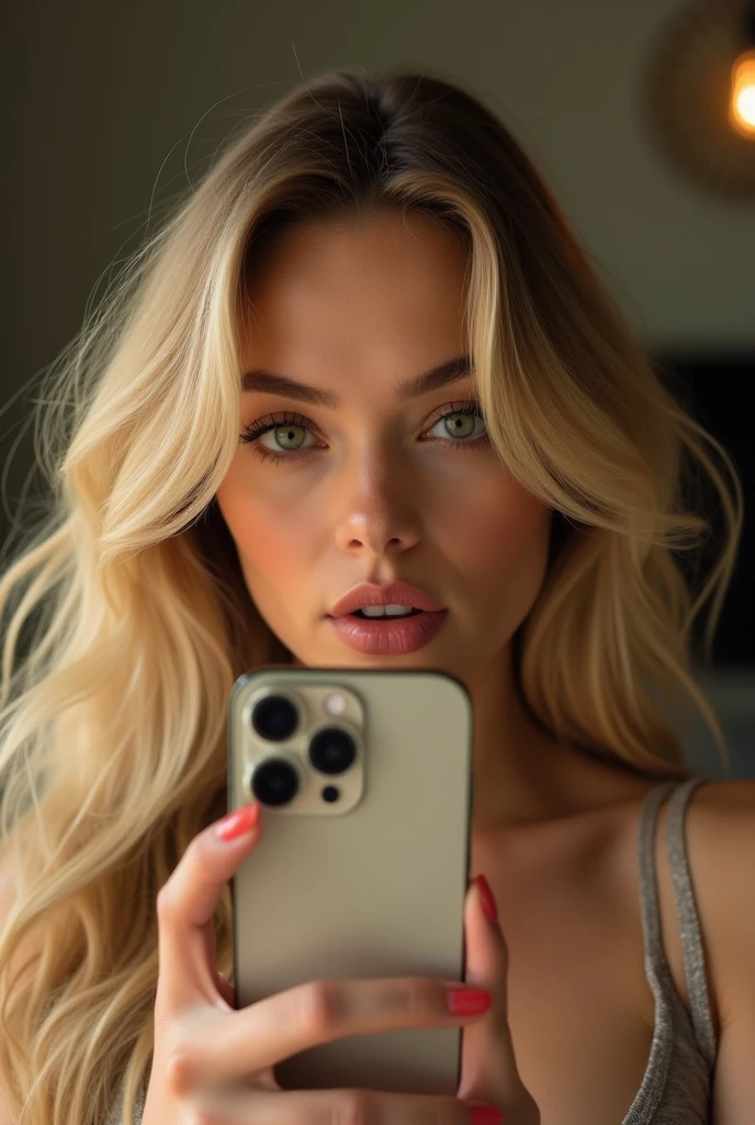 (best qualityer))), highly detailed, high resolution. 25 year old female, blondie hair, clear green eyes, fleshy lips, heavy make-up, in the room in front of the mirror taking a photo, front facing holding iPhone pro Max 15