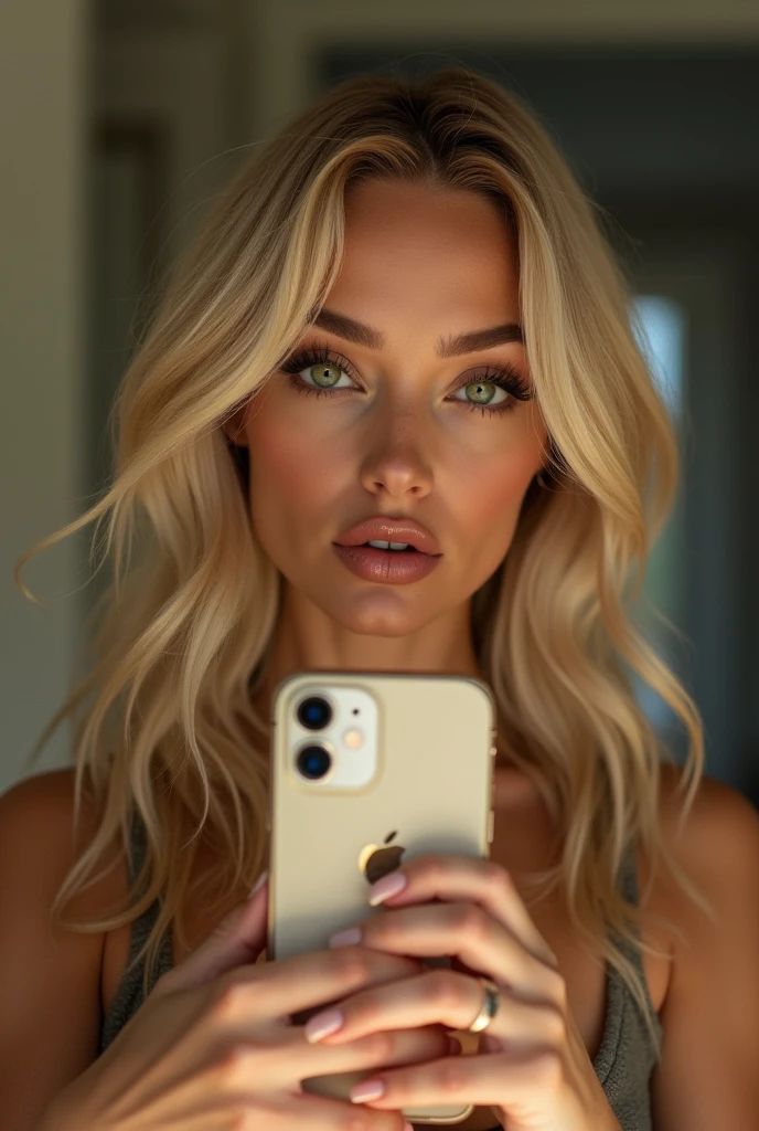 (best qualityer))), highly detailed, high resolution. 25 year old female, blondie hair, clear green eyes, fleshy lips, heavy make-up, in the room in front of the mirror taking a photo,  front facing holding iPhone pro Max 15 