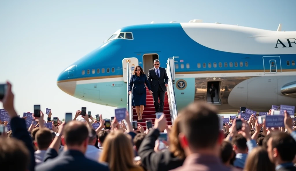 Kamala Harris and Tim Walz decend the steps of Airforce 2, greeted by a huge crowd, side angle shot of Airforce 2, tons of crowd holding up signs reading KAMALA WALZ and cell phones.