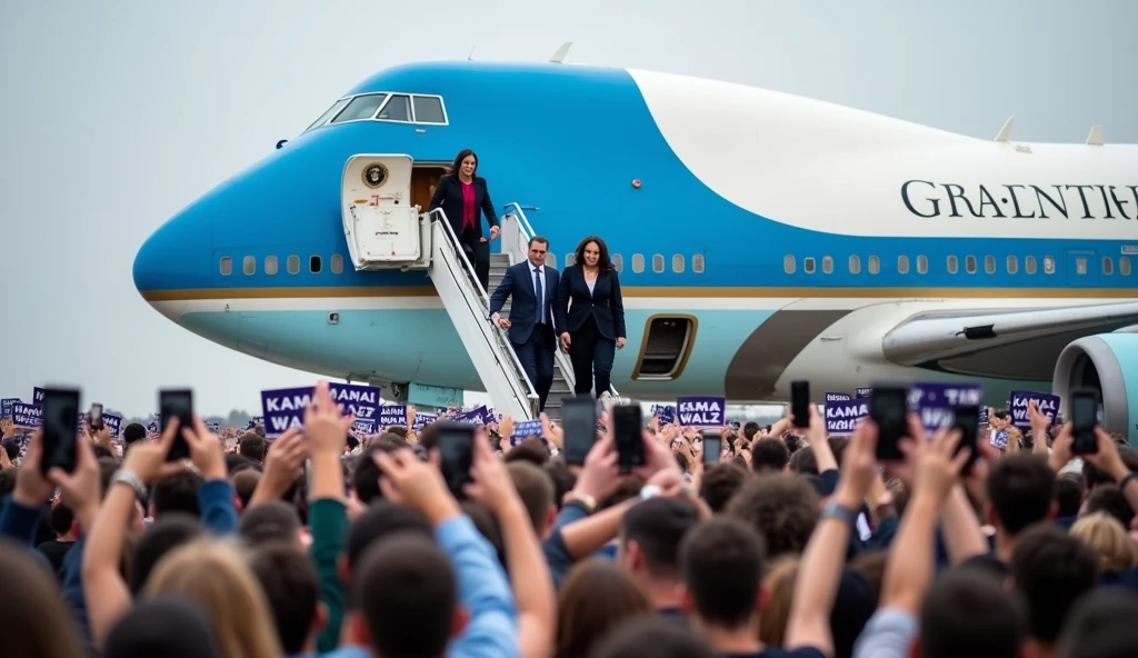 Kamala Harris and Tim Walz decend the steps of Airforce 2, greeted by a huge crowd, side angle shot of Airforce 2, tons of crowd holding up signs reading KAMALA WALZ and cell phones.