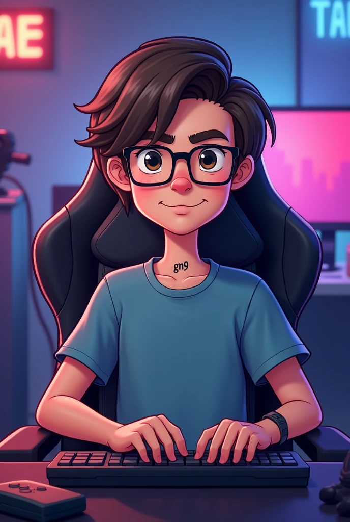 make a picture of a white guy, with square glasses, the nose is a little big ,straight dark brown hair, make him sit in a gamer chair as if he were doing a live stream and on his neck a small tattoo saying "GN9", he's doing a live on Twitch, cartoon-like