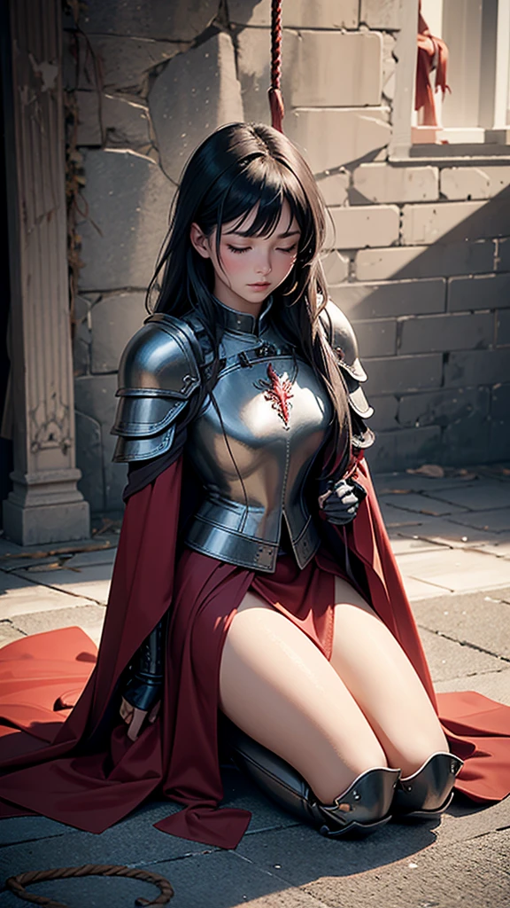 Reality, high resolution, Soft lighting, 1 Woman, Solitary, Kneeling on the ground,With eyes closed,There is a rope tied to the body,Painful expression, Wearing tattered armor,Tattered red cloak,Expose most of the body,Show your thighs,Revealing the Broken Breastplate,Stain,Blood,Messy hair