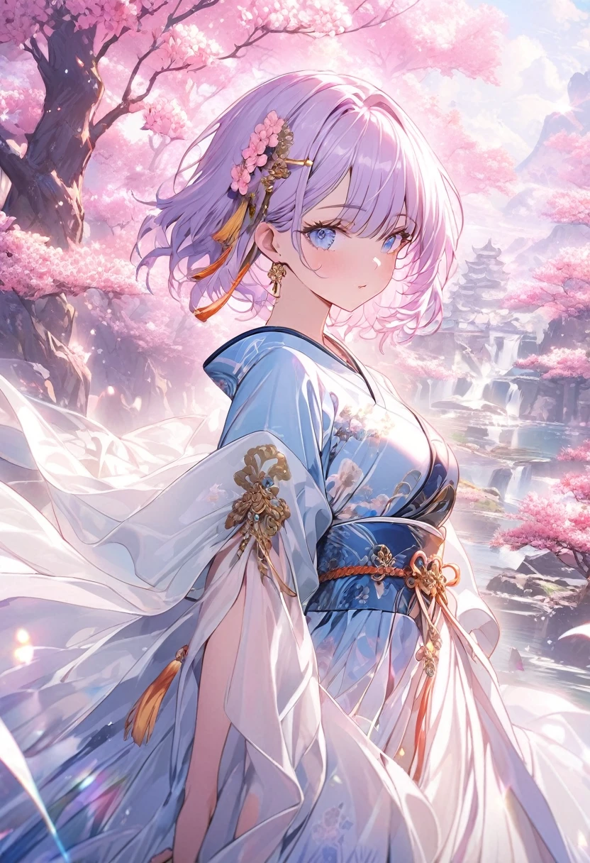 ((best quality)), ((Masterpiece)), (details), Young woman,( light purple hair, blue eyes, ((short hair)) , beautiful face, Beautiful skin, Long eyelashes, Thick eyelashes), Hanfu ancient clothes,ancient China, hair accessories, Gold hairpins,(Fashion Design Assistant), fantasy landscape, vibrant colors, soft lighting, whimsical atmosphere, blooming flowers, flowing dress, delicate details, ethereal background, dreamy aura, (โฟกัสใบหน้า)