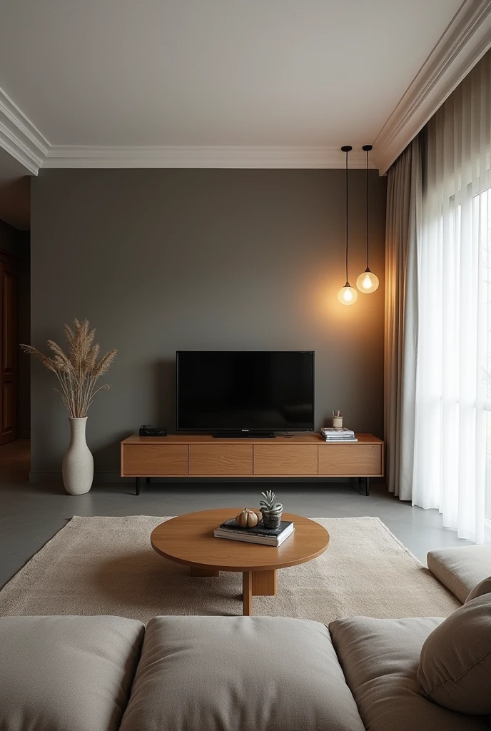 A residential room with a ceiling covered in white plaster without molding, tabicado, the gray floor, the wall with dark burnt cement effect, where is a television, on the right side a pendant light with two warm white bulbs, white curtain on the right side, white furniture with vintage style wooden details, with a neutral white ceiling light fixture, without led lights