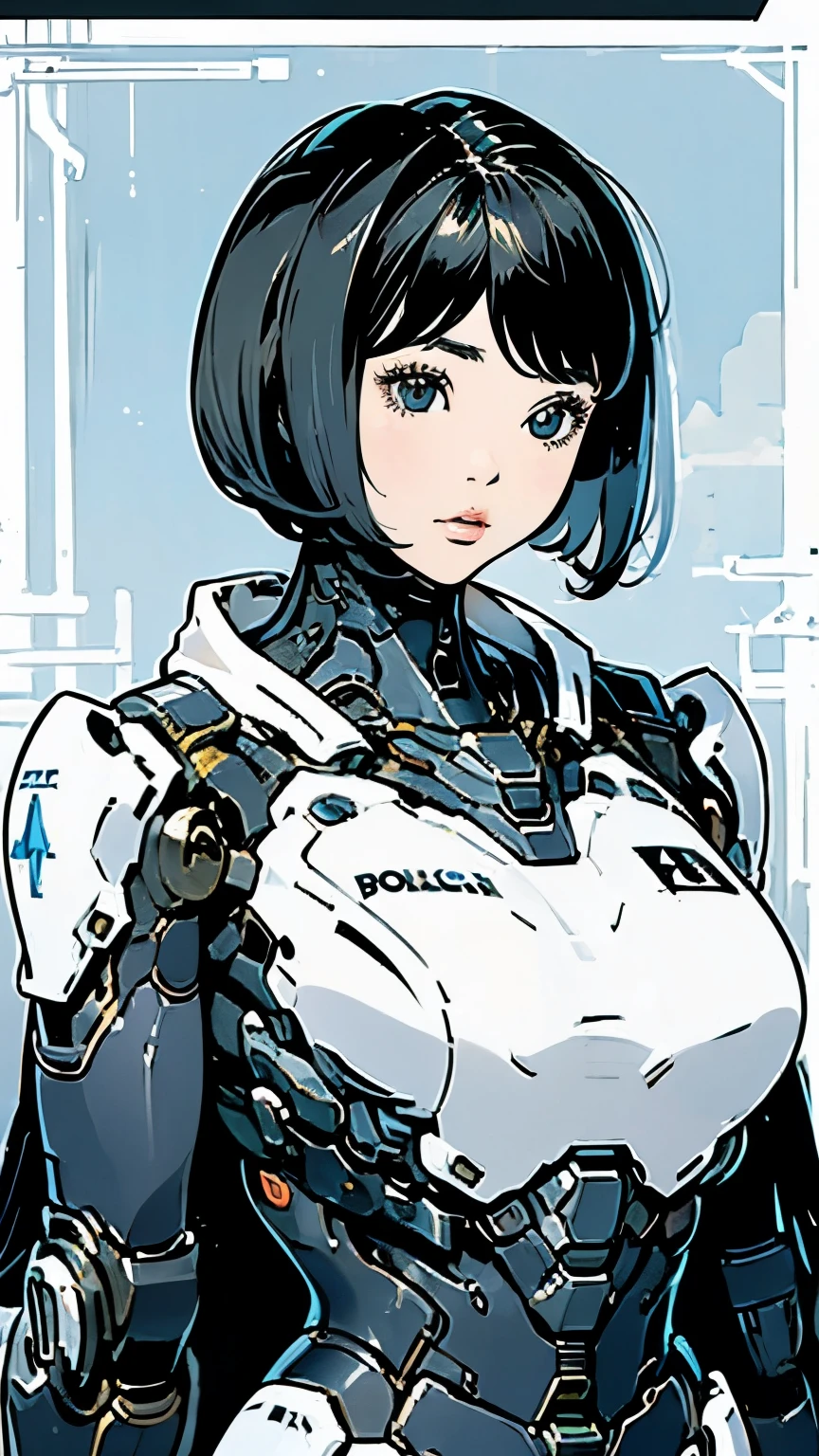 Android Police Suit、Upper Body、solo、Beautiful woman、Black Hair、Bobcut、Dynamic Model Poses、Carrying a sword、Moderate bust、scenery、The future will、rooftop、Mecha Police、Half helmet、masterpiece、Highest quality