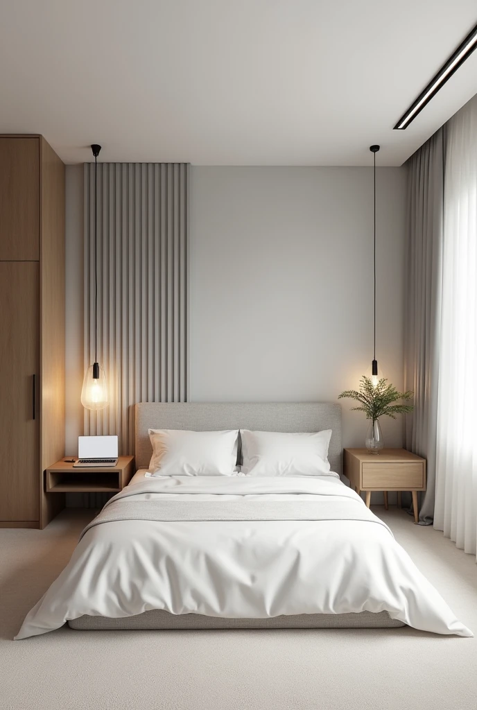 As for the ice white wall, on the wall where the bed is, there is a gray slat, a laptop table and a wardrobe in brown