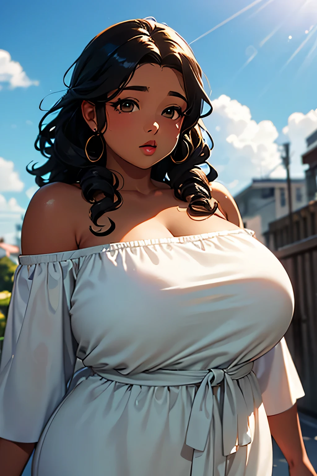 Anime illustration semi-realism of brown skin latina plus size woman, small sized breasts, 25 year old, plus size body, chubby body, overweight, fat, black round eyes, black curly hair, big lips, anime, sleek design, brown skin, sideswept hairstyle, chubby face, round face, dynamic light, wearing white off-shoulder dress, blue sky with white coulds in background,