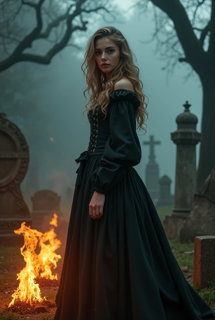 White woman with curly hair in medieval dress in cemetery with fire around