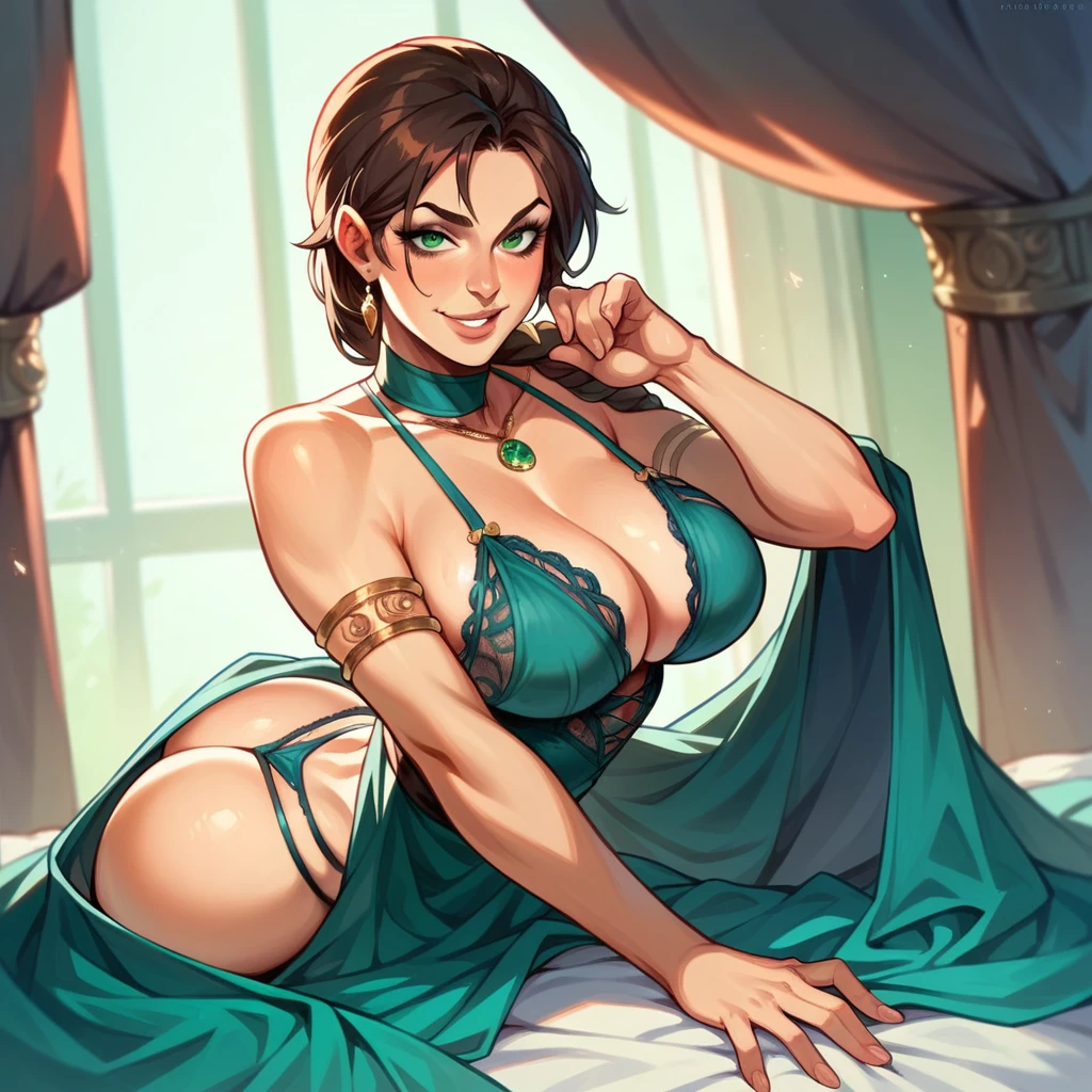 Random point of view lara croft in dress large breasts cleavage ultrarealistic ass thong random pose bedroom red black green blue cloth color body jewelry lingerie ultra sexy smile ultra detailled