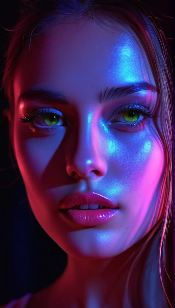 digital drawing, realistic, close-up of face, young woman, model, head slightly lowered, sensual gaze, night, neon illumination of the face with several different colors, play of light and shadow, shallow depth of field, raw photo,