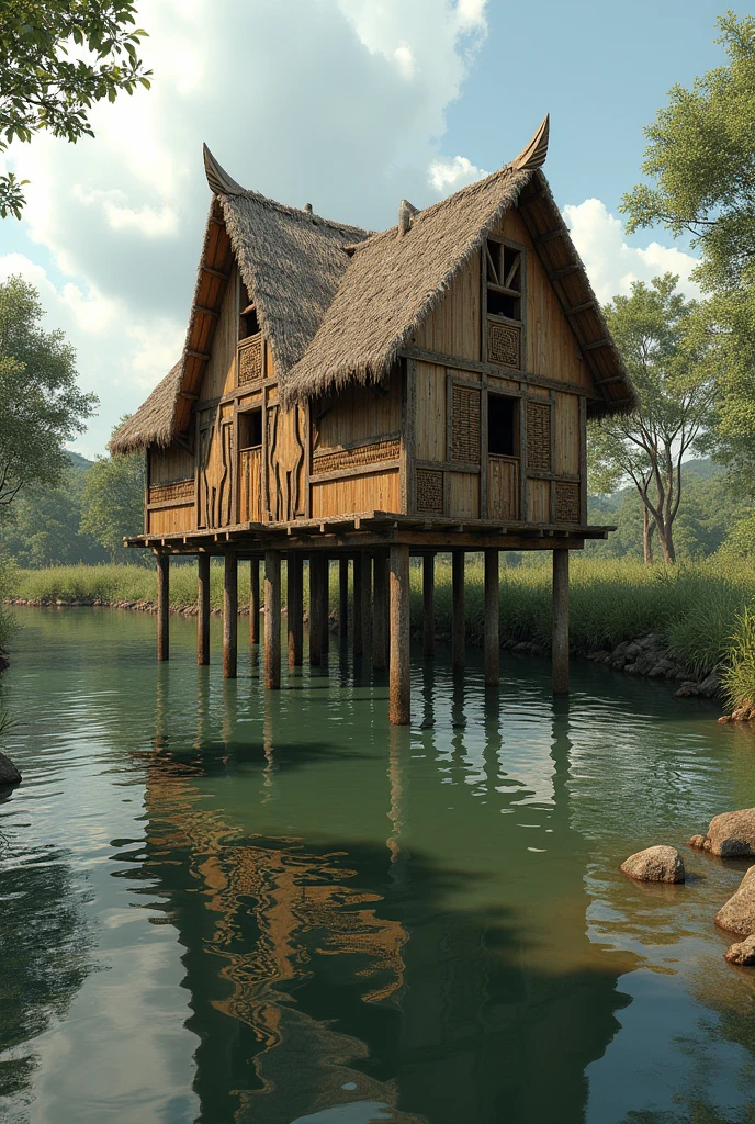 wattle and daub house built over water in flooded indigenous village
