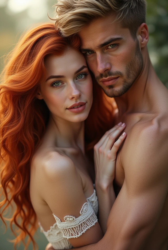 Temptation. Cinematic portrait, naked Adam and Eve. Man and redhaired woman in image of famous characters over vintage style background. Art, creativity, beauty, eras comparison concept