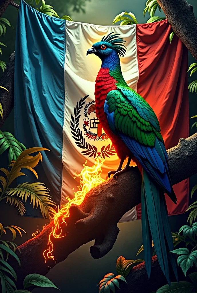 unite in a single image the quetzal, coat of arms of Guatemala, Ceiba and the flag of Guatemala with an animated torch