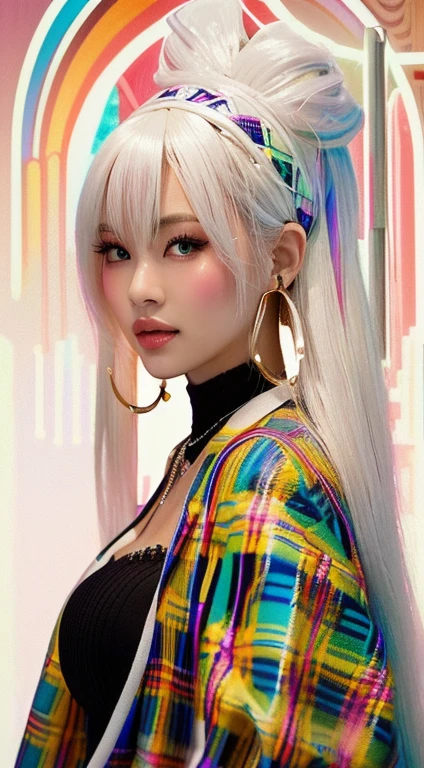 A close-up of a woman with white hair and a plaid jacket, rossdraws vibrant cartoons, rossdraws | afrofuturism, Style Ross Tran, Ross draws a portrait, :: rossdraws, trend in artstration, In the style of Ross Tran, rossdibuja 2. 0, rossdraws 1. 0, RossDraws Vibrant Pastel, rossdibuja 2. 5