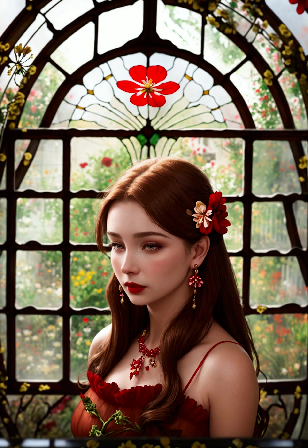 Beautiful realistic woman, detailed face, crystal clear amber eyes, red lipstick, flowing brown hair, dry red flower in her hair, delicate earrings and necklace, red dress made of bright floral fabric, low-cut, with exposed shoulders, sensation of movement, strong lighting dark, house background made of old material, (((flowers in the window and blurred garden))), bokeh, alcohol ink, a masterpiece.