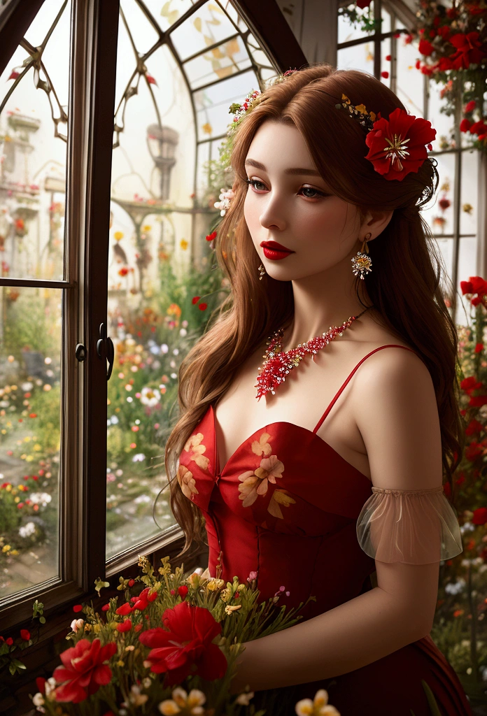 Beautiful realistic woman, detailed face, crystal clear amber eyes, red lipstick, flowing brown hair, dry red flower in her hair, delicate earrings and necklace, red dress made of bright floral fabric, low-cut, with exposed shoulders, sensation of movement, strong lighting dark, house background made of old material, (((flowers in the window and blurred garden))), bokeh, alcohol ink, a masterpiece.