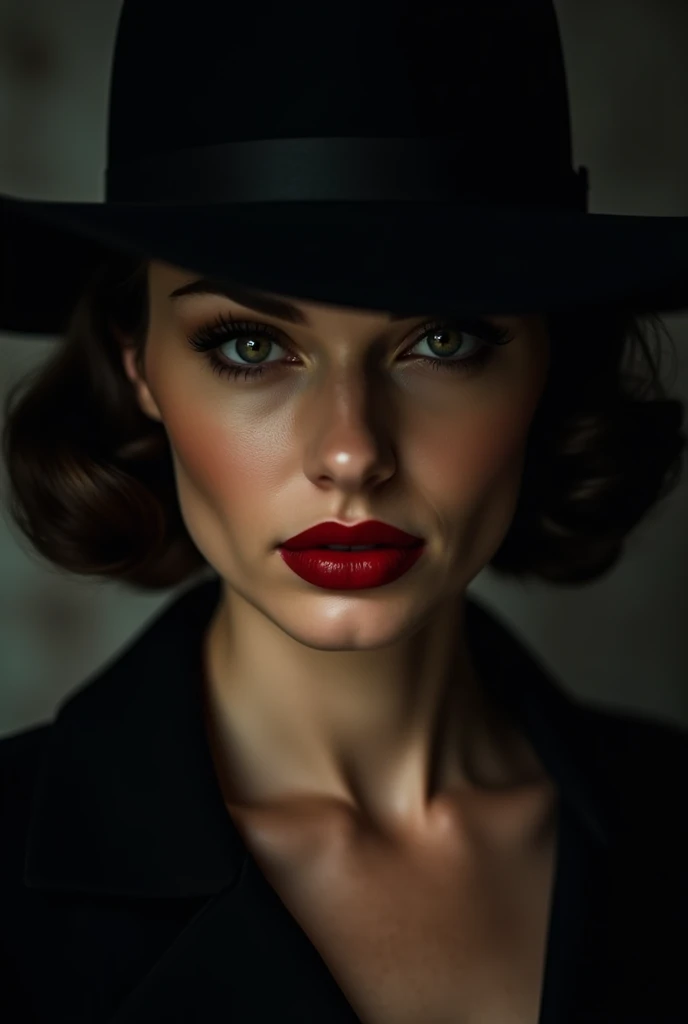 A dark mysterious face photo of a femme fatale in a hat for a book cover