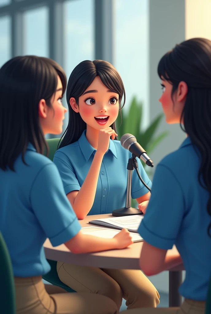 IMAGE OF THREE FEMALE STUDENTS IN BLUE SHIRTS AND BEIGE PANTS IN A PODCAST ABOUT SAFETY AND HEALTH AT WORK, ONE HAS A LITTLE CUTE HAIR COLOR, ANOTHER HAS SHORT BLACK HAIR AND THE OTHER HAS LONG BLACK HAIR TO THE WAIST