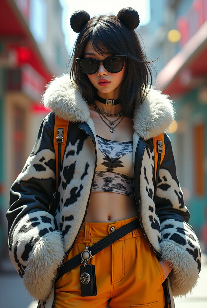 A girl wearing polar bear rapper clothes and black shades