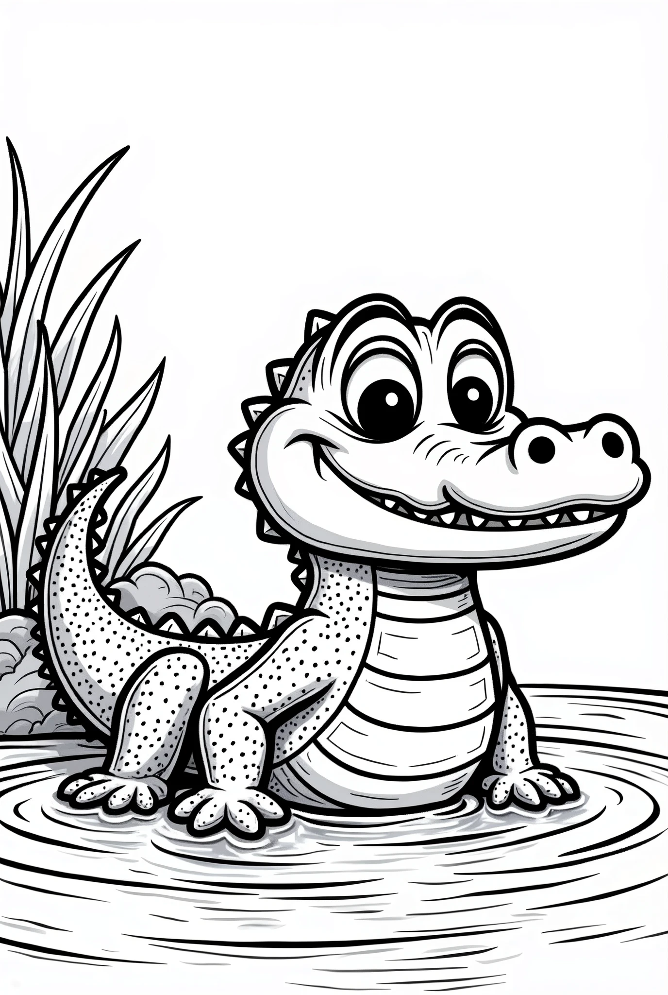 a cute crocodile comes out of the water line art, cartoon character, 3d style, high-quality, coloring book, hand draw, lineart , coloring page