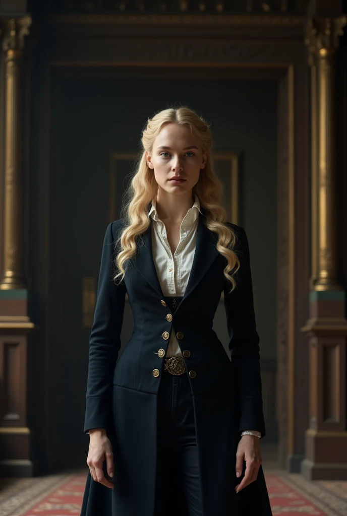 Beautiful blonde girl identical to Emilia Clarke dressed in a black and blue seventeenth century men's suit standing in a dark, vast room