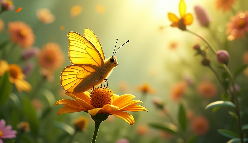 A serene moment where Wiggles the yellow butterfly reflects on his transformation, with a background of the garden in full bloom."
