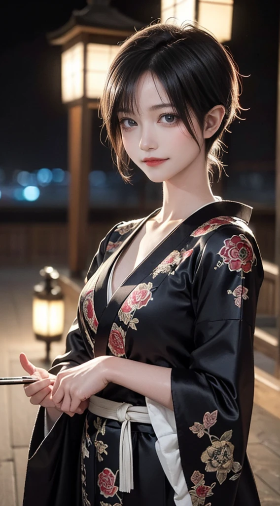 8K Ultra HD, Digital SLR,Film Grain, Fujifilm XT3,(highest quality:1.3), (masterpiece:1.1), High resolution, Cinematic Light, Intricate details, (Realistic) (Night view) Realistic backlight、Dramatic reddish light、Beautiful Japanese Geisha full body photo, ((Facial texture Pore details)), Grin、Devilish smile, Simple messy hairstyle, She wears a black satin kimono decorated with traditional dragon motifs.., Open shoulders, Colorful dragon tattoos all over the body,(( 1mHolds a long-bladed Japanese sword)), Inside a traditional villa, 8k, Front blur