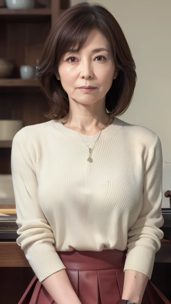 High resolution, High resolution, Attention to detail, masterpiece, Textured skin, Anatomically correct, sharp, ((Japanese Mature, 70 years old)), alone, (Facial wrinkles), Shapely breasts, Brown long hair, bangs,(((Stand upright, facing the center.))),Look at the photographer, Open your mouth and stare straight ahead, White sweater, (Tight Skirt:1.4),(Sitting),(Thighs:1.1),Inside the warehouse,(Serious expression),(old woman)