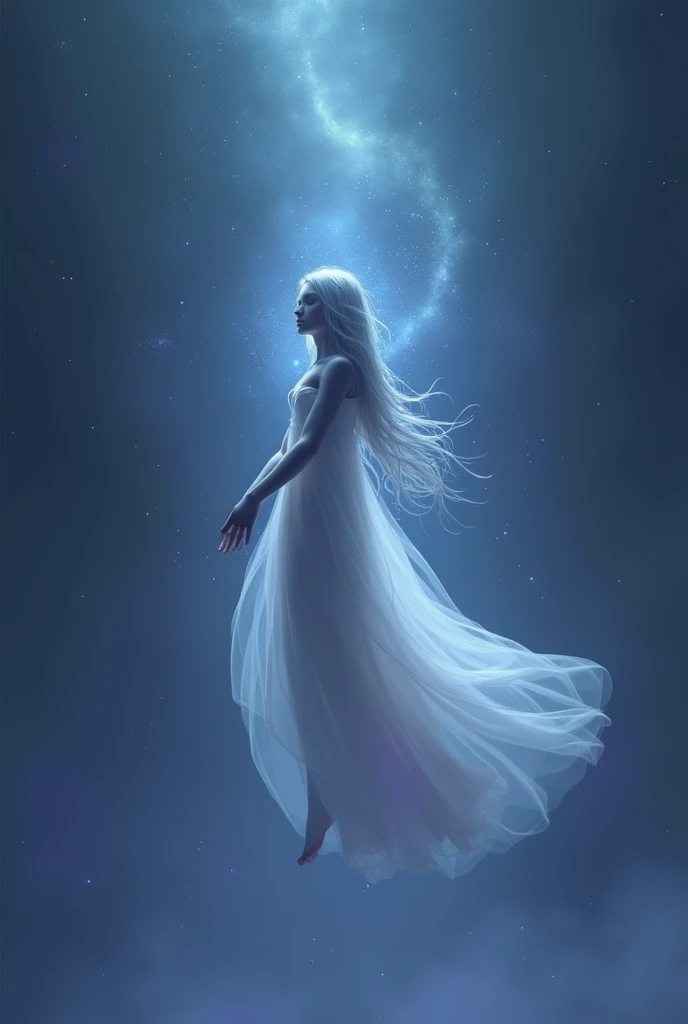 Create an image using the SeaArt unlimited model from SeaArt AI, Explore the theme of "unlimited" Spatial minimalism art style. The image must depict the Eternal Goddess, Floating in a vast, nearly empty environment、Mysterious and majestic figures. She should be wearing a flowing, sheer dress., Integrated with space background, Gives off a subtle aura of light. Her expression must convey peace and wisdom., It reflects a deep connection with the concept of eternity.. In minimalist style、You need to take advantage of negative space and a deep blue color palette.。, purple, The main color is white to create a sense of continuity and depth.. unlimited大記号を創造的に含める, Probably part of a dress、Or as an aura that surrounds the goddess. Set the camera at a slightly lower angle, High resolution (3000x3000 pixels), Focus on the eternal goddess、Softly blur the background to emphasize depth. Apply the Galaxy Glow filter、Enhances the color and overall brightness of the universe。, Add the Stellar Shine filter、Highlight subtle details、Creates a sophisticated glow around key elements。. unlimited"