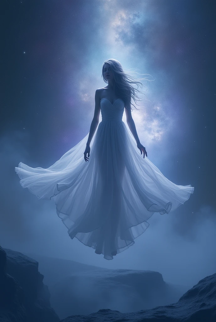 Create an image using the SeaArt unlimited model from SeaArt AI, Explore the theme of "unlimited" Spatial minimalism art style. The image must depict the Eternal Goddess, Floating in a vast, nearly empty environment、Mysterious and majestic figures. She should be wearing a flowing, sheer dress., Integrated with space background, Gives off a subtle aura of light. Her expression must convey peace and wisdom., It reflects a deep connection with the concept of eternity.. In minimalist style、You need to take advantage of negative space and a deep blue color palette.。, purple, The main color is white to create a sense of continuity and depth.. unlimited大記号を創造的に含める, Probably part of a dress、Or as an aura that surrounds the goddess. Set the camera at a slightly lower angle, High resolution (3000x3000 pixels), Focus on the eternal goddess、Softly blur the background to emphasize depth. Apply the Galaxy Glow filter、Enhances the color and overall brightness of the universe。, Add the Stellar Shine filter、Highlight subtle details、Creates a sophisticated glow around key elements。. unlimited"