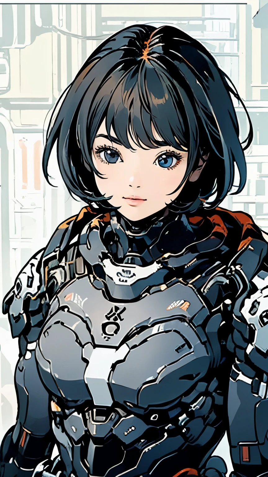 Android Ninja Suit、Upper Body、Close-up of face、solo、Beautiful woman、Black Hair、Bobcut、smile、Dynamic Angles、Carrying a sword、Moderate bust、scenery、The future will、flight、Mecha Ninja、Half helmet、masterpiece、Highest quality