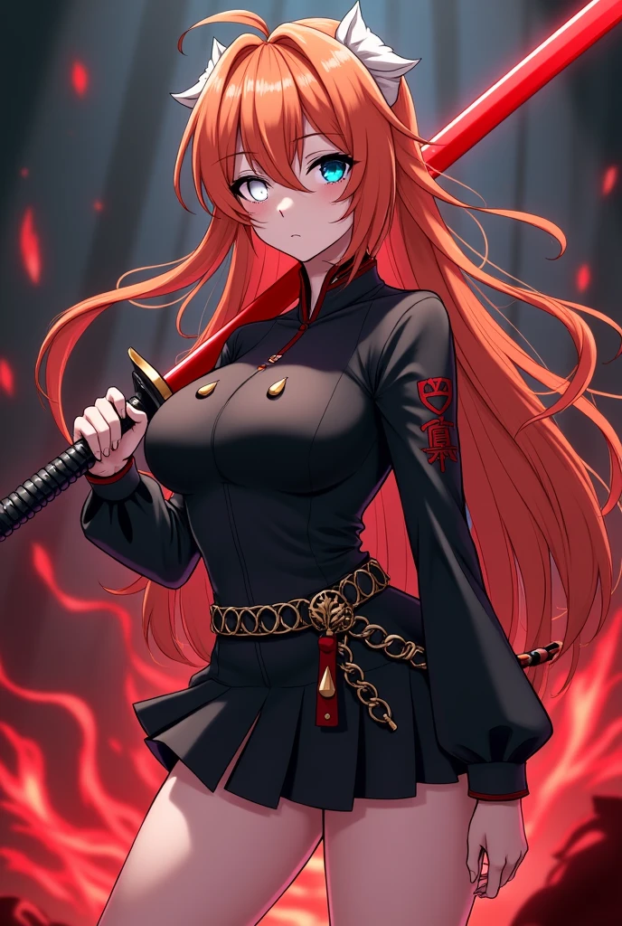 create an orange-haired girl who is facing forward, with long, loose hair, with white locks. Their eyes are their most distinctive feature: The right eye is a deep blue, while the left eye is completely white, without iris or pupil. She has big breasts and a very small waist.. She wears the black demon hunter uniform with a short skirt.. On his belt he carries a red Nichirin sword, ready to be drawn at any time, His fighting technique is the moon technique.. The drawing style must be that of Demon Slayer