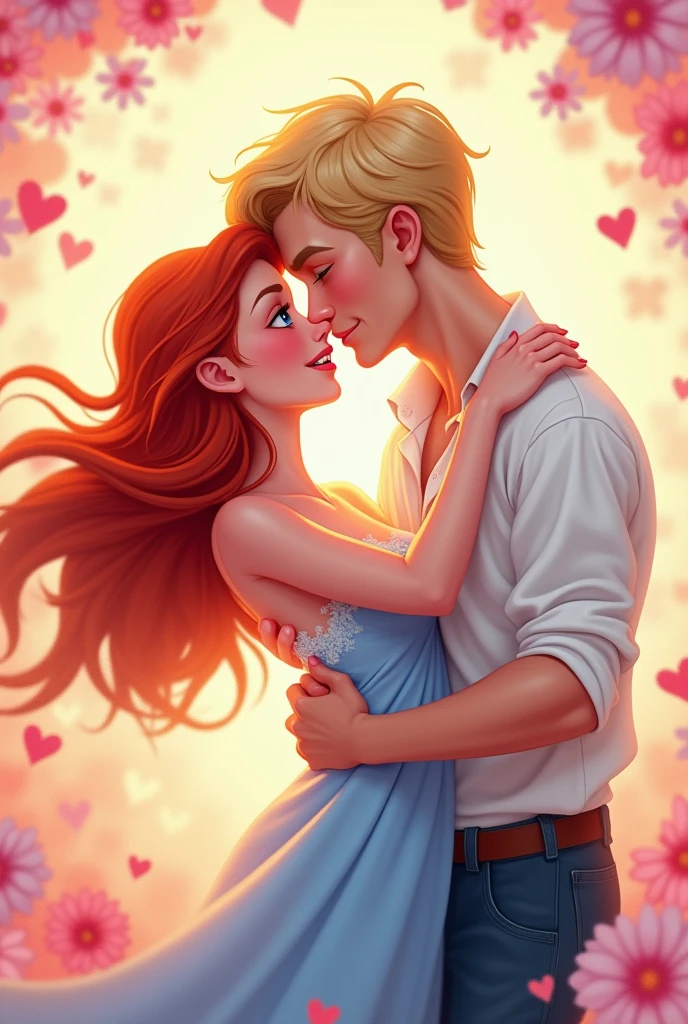 A romance book cover of a white woman with red hair with a blonde white man in a cartoon style with pastel colors