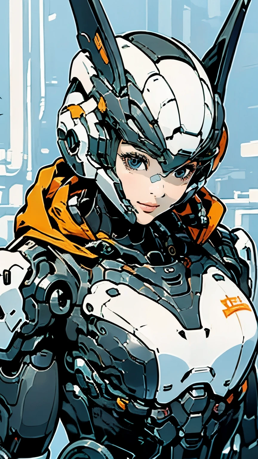 Android Ninja Suit、Upper Body、Close-up of face、solo、Beautiful woman、Black Hair、Bobcut、smile、Dynamic Angles、Carrying a sword、Moderate bust、scenery、The future will、flight、Mecha Ninja、Half helmet、masterpiece、Highest quality