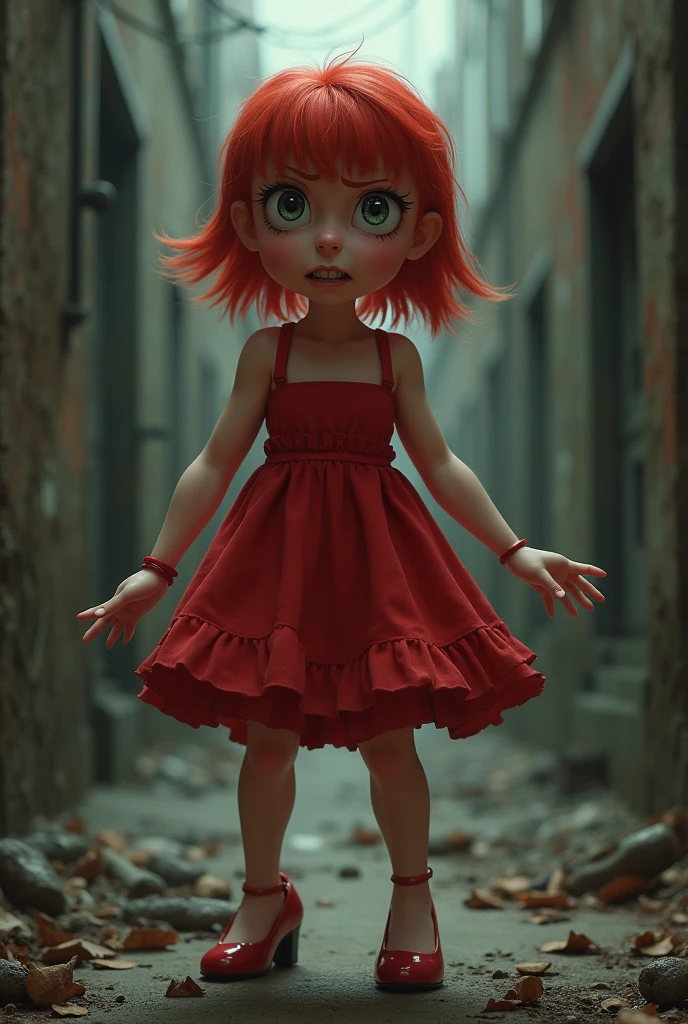 The character Pauline from Nintendo wearing a single strapped red dress and high heels in a distressed pose with a scared expression on her face.