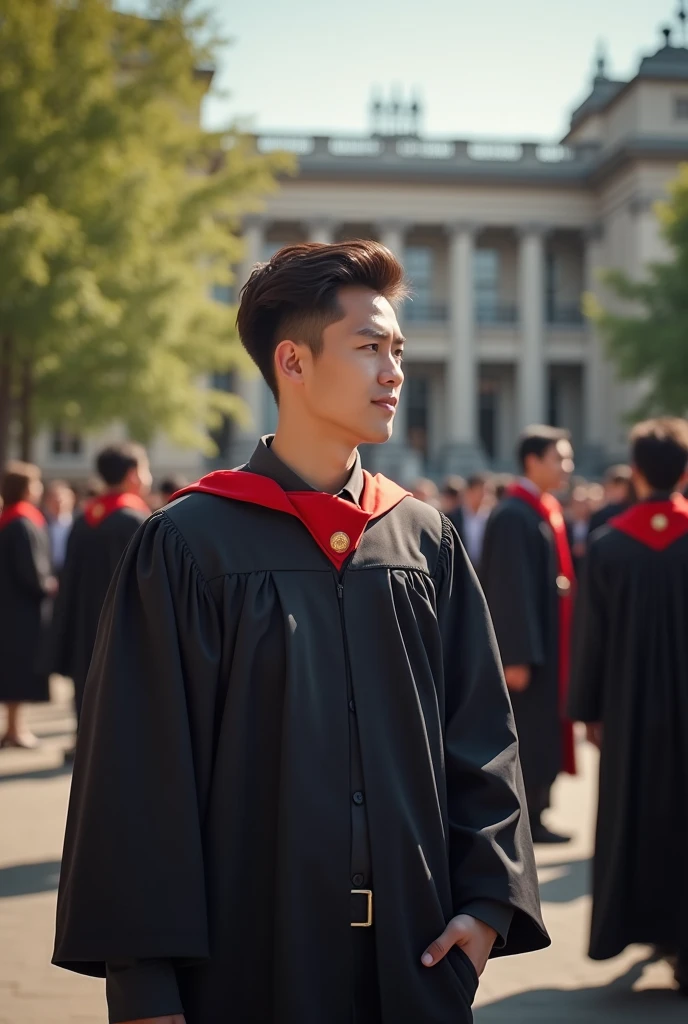 I want a picture of a boy in his adulthood with dark brown hair, wearing a graduation gown. He is at a university graduating talking to other guys around.